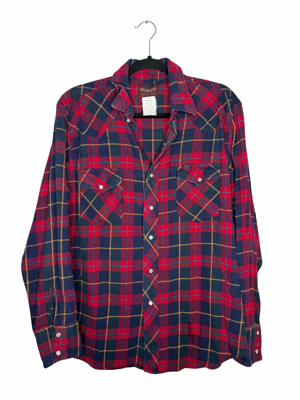 WRANGLER / red blue Tartan plaid pearl snap western flannel button down shirt /L